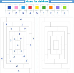 Worksheet for children. Color the empty shapes by number and color. Development of attention