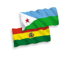 Obraz premium National vector fabric wave flags of Republic of Djibouti and Bolivia isolated on white background. 1 to 2 proportion.