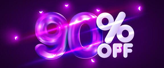 90 percent Off. Discount creative composition. 3d mega sale symbol with decorative objects. Sale banner and poster.
