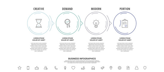 Thin line vector infographics with four circles and arrows. Timeline template with 4 steps for the app, business, website, interface, chart, levels, web, diagram, banner, presentations