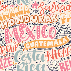 Around the World. CENTRAL AMERICA vector lettering seamless pattern. Country and major cities. Vector illustration - 440055334