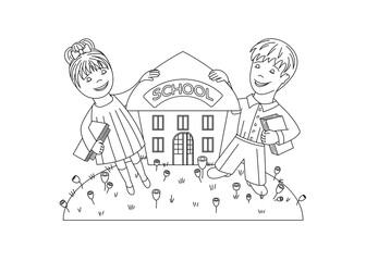 Joyful schoolchildren near the school building.