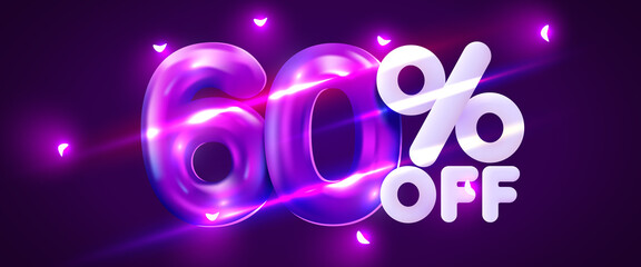 60 percent Off. Discount creative composition. 3d mega sale symbol with decorative objects. Sale banner and poster.