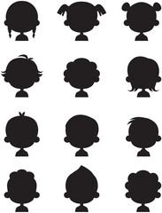 People children characters avatars  vector set. Portraits of anonymous kids users black silhouettes of boy and girl on a white background