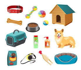 Dog with its food, toys, brush, bowls vector illustration set. Cartoon animals collar, kennel, balls, shampoo, crate and dog-lead. Pet shop, domestic animals concept