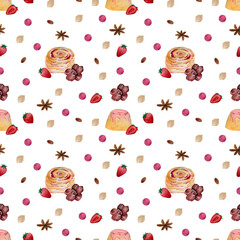 Watercolor hand-drawn Seamless Pattern with sweet cookies, berries, sugar, orchid Flowers on a white background. Perfect for wrapping, scrapbooking, wallpaper, fabric, decor. 