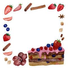 Sweet Frame. Watercolor hand-drawn Border with strawberries, blueberries, cinnamon, sugar, orchid flowers and cake on a white background. 