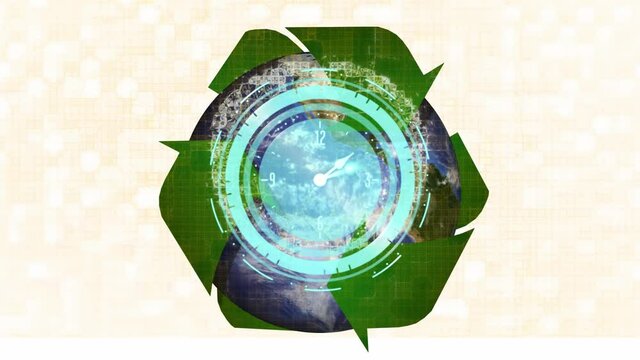 Animation of recycling symbol over clock with moving hands and rotating globe