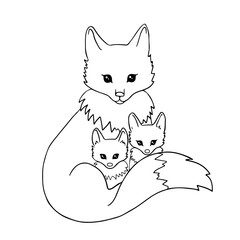 Cute fox with two cubs for coloring page or book. Cartoon wild animal family. Black and white vector 10 EPS illustration.