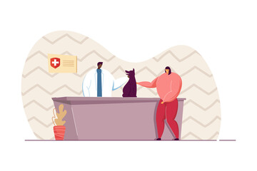 Girl bringing dog to veterinary clinic flat vector illustration. Veterinarian examining pet. Owner, domestic animal concept for banner, website design or landing web page