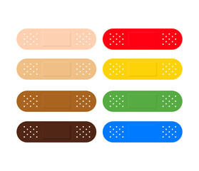 Medical tape plasters vector set. Colorful and different skin tone plasters. Illustration vector of protection and care. 