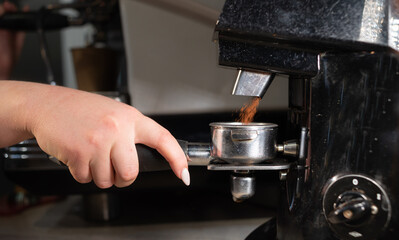 Barista grinds coffee in a professional coffee grinder holding a chrome portafilter in his hand....