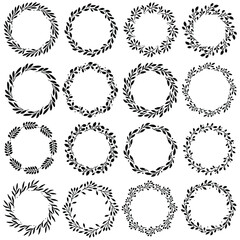 Set of 16 hand drawn spring wreaths isolated on white background, vector. Silhouette circle of leaves. Doodle style.Collection of floral frames.