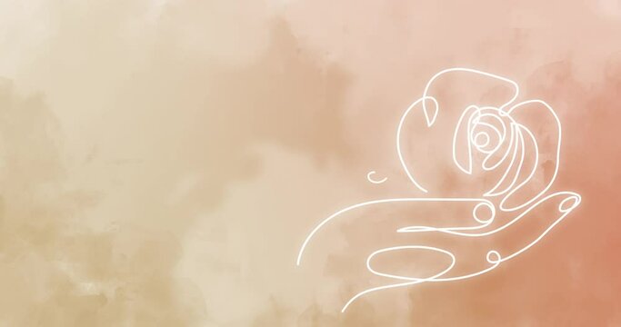 The rose lies in the palm of your hand on a light watercolor background. One endless line drawing. Love, wedding, congratulations. Video intro.