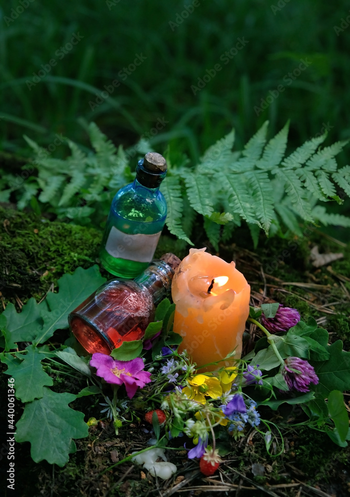 Wall mural burning candle, magic witch bottles, flowers on dark forest natural background. magic, witchcraft, s