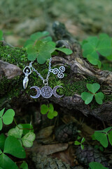 wiccan amulet with pentagram Triple Goddess, Lunar phase symbol, clover leaves on natural...