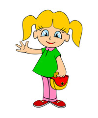 Pretty Little Girl is standing with handbag and waving.