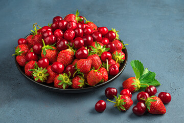 A large plate with fresh cherries and strawberries on a gray-blue background.