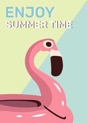 Fototapeta premium Enjoy summer time vector poster with pink inflatable flamingo