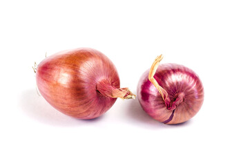 Two ripe raw unpeeled onions on a white background. Italian Onions Ramata di Milano. Root vegetables in the peel.
