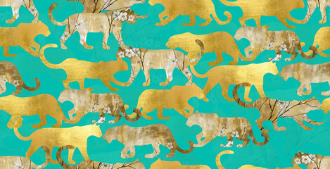 Foiled Leopards Silhouettes Crowd Detailed Seamless Pattern Elegant Concept Design Trendy Fashion Colors Perfect for Fabric Print or Interior Design Background