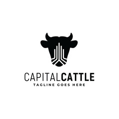 Silhouette of Cow Bull Cattle Head with Vertical Lines for Finance Capital City Building Logo Design