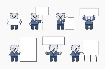 White bear mascot in business suit posing with various blank banners. Promote, advertise concept. Vector illustration bundle