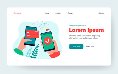 Hands holding cellphones and sending money from electronic wallet flat vector illustration. Cartoon mobile payments online using phone. Bank transaction and digital technology concept