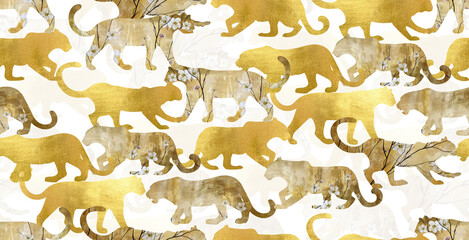 Foiled Leopards Silhouettes Crowd Detailed Seamless Pattern Elegant Concept Design Trendy Fashion Colors Perfect for Fabric Print or Interior Design Background