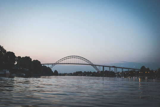 View of the Fredrikstad bridge seen from the water in Fredrikstad, Norway