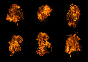 The fire collection set of flame burning isolated on dark background for graphic design purpose.