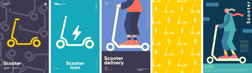 Electric scooter. Set of flat vector illustrations. City transport, simple background image. Man rides a scooter. Patterns.  Ideal for banner, poster or flyer. © Molibdenis-Studio