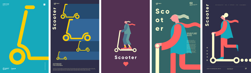 Electric scooter. Set of flat vector illustrations. City transport, simple background image. Man rides a scooter. Patterns.  Ideal for banner, poster or flyer. © Molibdenis-Studio