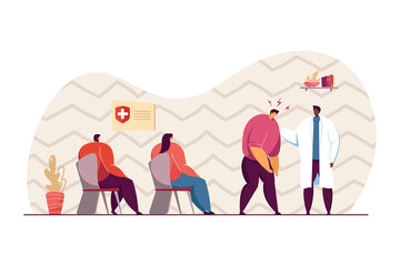 Male patient with headache going to doctor. Patients waiting for their turn to see doctor in hall flat vector illustration. Hospital, treatment concept for banner, website design or landing web page
