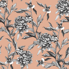 Monochrome black and white seamless pattern outline flowers peony on peach colour background. Design for textiles, fabrics, packaking, wallpapers, home decoration