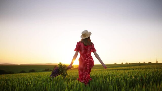 Young woman happily walking in slow motion through a field touching with hand wheat ears. Girl feeling happy and enjoying a day in field of wheat at sunset