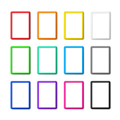 Collection of twelve colored vertical frames with shadows and rounded corners are blank mockup. Vector modern design of template photo frame A4 size is perfect for presentations, photos and pictures