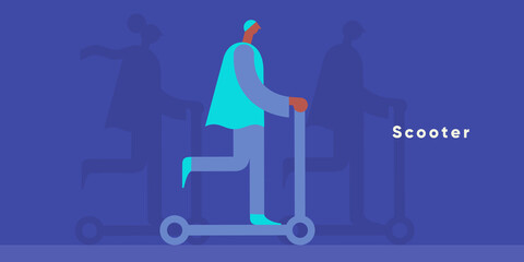 Electric scooter. Set of flat vector illustrations. City transport, simple background image. Man rides a scooter. Patterns.  Ideal for banner, poster or flyer. © Molibdenis-Studio