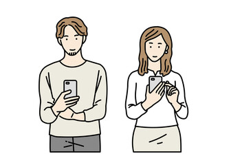 スマホを操作する若い男女のイラスト　カジュアル