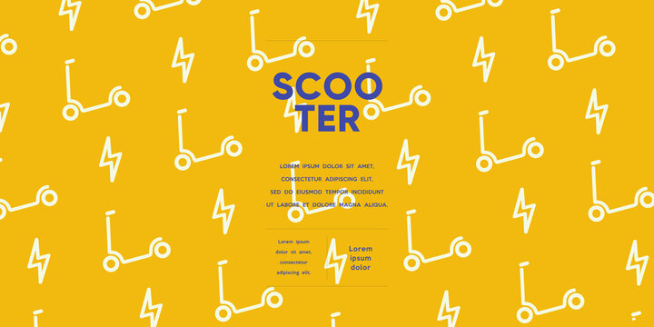 Electric scooter. Set of flat vector illustrations. City transport, simple background image. Patterns.  Ideal for banner, poster or flyer.