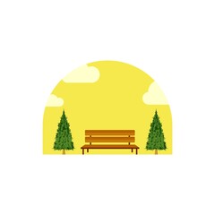 Wooden Bench evergreen fir pine hemlock tree park landscape nature illustration logo design