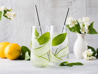 Detox water with cucumber, mint and lemon juice. Cucumber water.