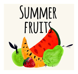 Summer fruits in watercolor technique, juicy set of delicious pieces.