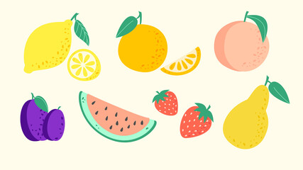 Fruit collection in flat hand drawn style, lemon, orange, peach, strawberry, watermelon, plum, pear illustrations set. Vector graphic. 