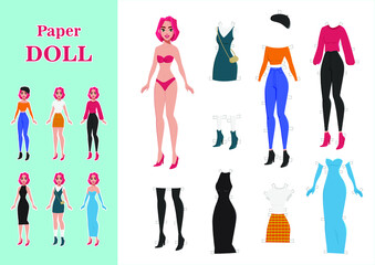 Vector beautiful paper doll for cutting with clothes: dresses, beret, shoes, jeans, T-shirt, sweater. Body template.