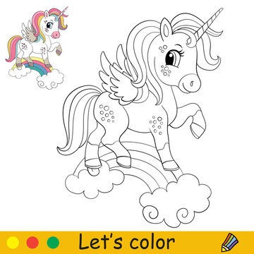Cartoon jumping unicorn in a smart harness coloring