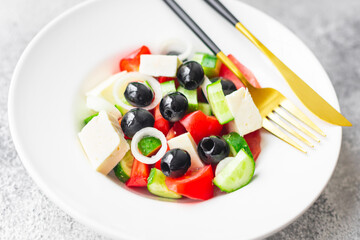 greek salad vegetable, olive, tomato, cucumber, olive oil popular dish on the table meal snack copy space food background rustic top view keto or paleo diet vegetarian food