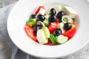 greek salad vegetable, olive, tomato, cucumber, olive oil popular dish on the table meal snack copy space food background rustic top view keto or paleo diet vegetarian food