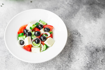 greek salad vegetable, olive, tomato, cucumber, olive oil popular dish on the table meal snack copy space food background rustic top view keto or paleo diet vegetarian food