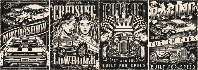 Custom cars vintage monochrome posters
